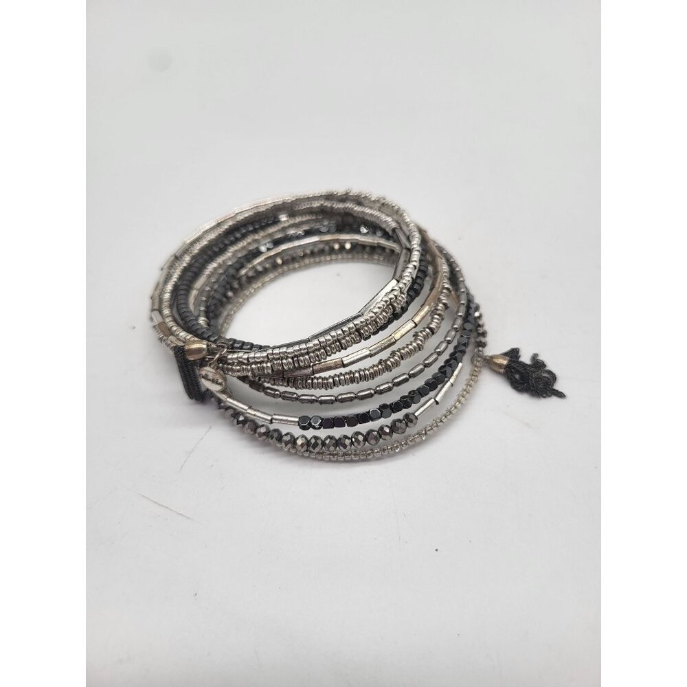 Stella & Dot Celine Silver Beaded Coil Wrap Bracelet Bling with Tassels Hematite - Picture 2 of 8